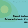 Okładka publikacji pt. „Raport Społecznej Odpowiedzialności Uczelni 2020–2025” Uniwersytetu im. Adama Mickiewicza w Poznaniu, z turkusowo-zielonym abstrakcyjnym tłem i logo UAM w lewym dolnym rogu.