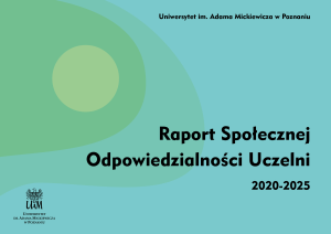 Okładka publikacji pt. „Raport Społecznej Odpowiedzialności Uczelni 2020–2025” Uniwersytetu im. Adama Mickiewicza w Poznaniu, z turkusowo-zielonym abstrakcyjnym tłem i logo UAM w lewym dolnym rogu.