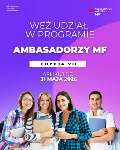 Plakat programu „Ambasadorzy MF” zachęca studentów do udziału w siódmej edycji i składania zgłoszeń do 31 maja 2026; na fioletowym tle widnieje czworo uśmiechniętych młodych ludzi z notatnikami i plecakami.