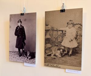 Dwie archiwalne fotografie prezentowane na wystawie przedstawiają dzieci w towarzystwie psów; zdjęcia zawieszone są na ścianie galerii wraz z podpisami identyfikującymi eksponaty.
