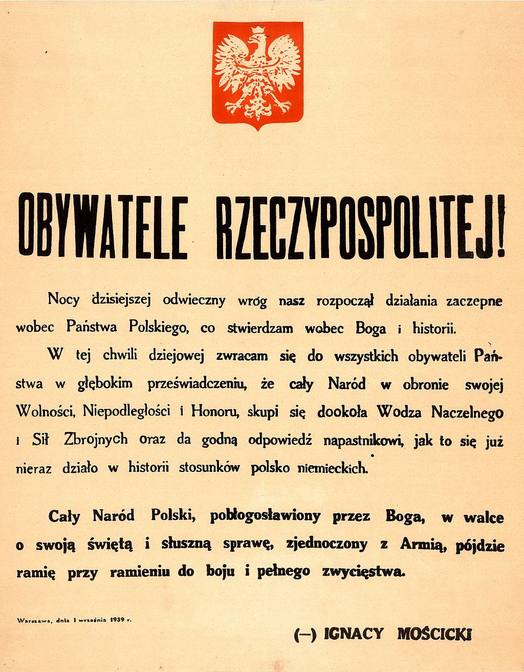 Orędzie Prezydenta RP Ignacego Mościckiego z 1 września 1939 r