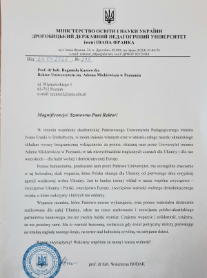 List od Rektor Państwowego Uniwersytetu Pedagogicznego im. Iwana Franki w Drohobyczu