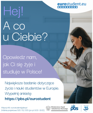 Plakat promujący udział w badaniu Eurostudent. W tle młoda kobieta trzymająca smartfon i wypełniająca ankietę. Nagłówki: „Hej! A co u Ciebie? Opowiedz nam, jak Ci się żyje i studiuje w Polsce!” Poniżej informacja: „Największe badanie dotyczące życia i nauki studentów w Europie. Wypełnij ankietę: https://pbs.pl/eurostudent”. Na dole logotypy: Ministerstwo Nauki i Szkolnictwa Wyższego, PBS oraz logo 35-lecia PBS. Dodatkowe informacje kontaktowe: eurostudent@pbs.pl, infolinia projektowa 505 762 555 (pn–pt 8:00–16:00).