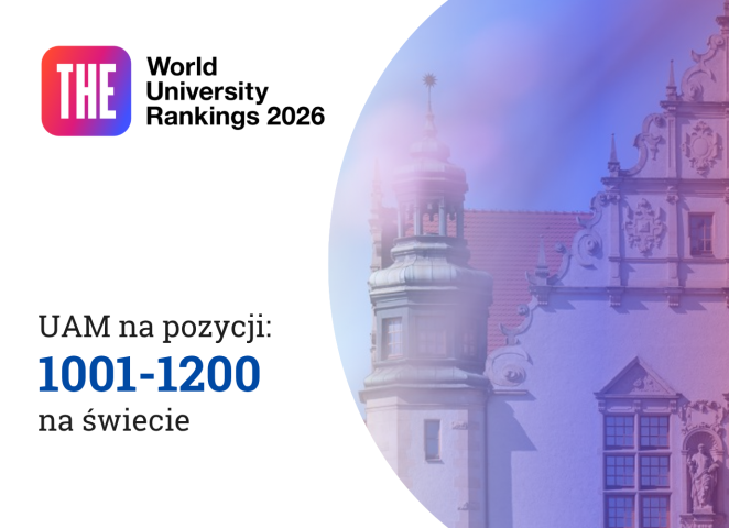 W lewym górnym rogu logo 'The World University Rankings 2025'. Na dole tekst 'UAM na pozycji: 1001-1200 na świecie'. Po prawej stronie zdjęcie Collegium Minus.