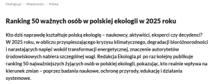 „Ranking 50 ważnych osób w polskiej ekologii w 2025 roku” - ekologia.pl