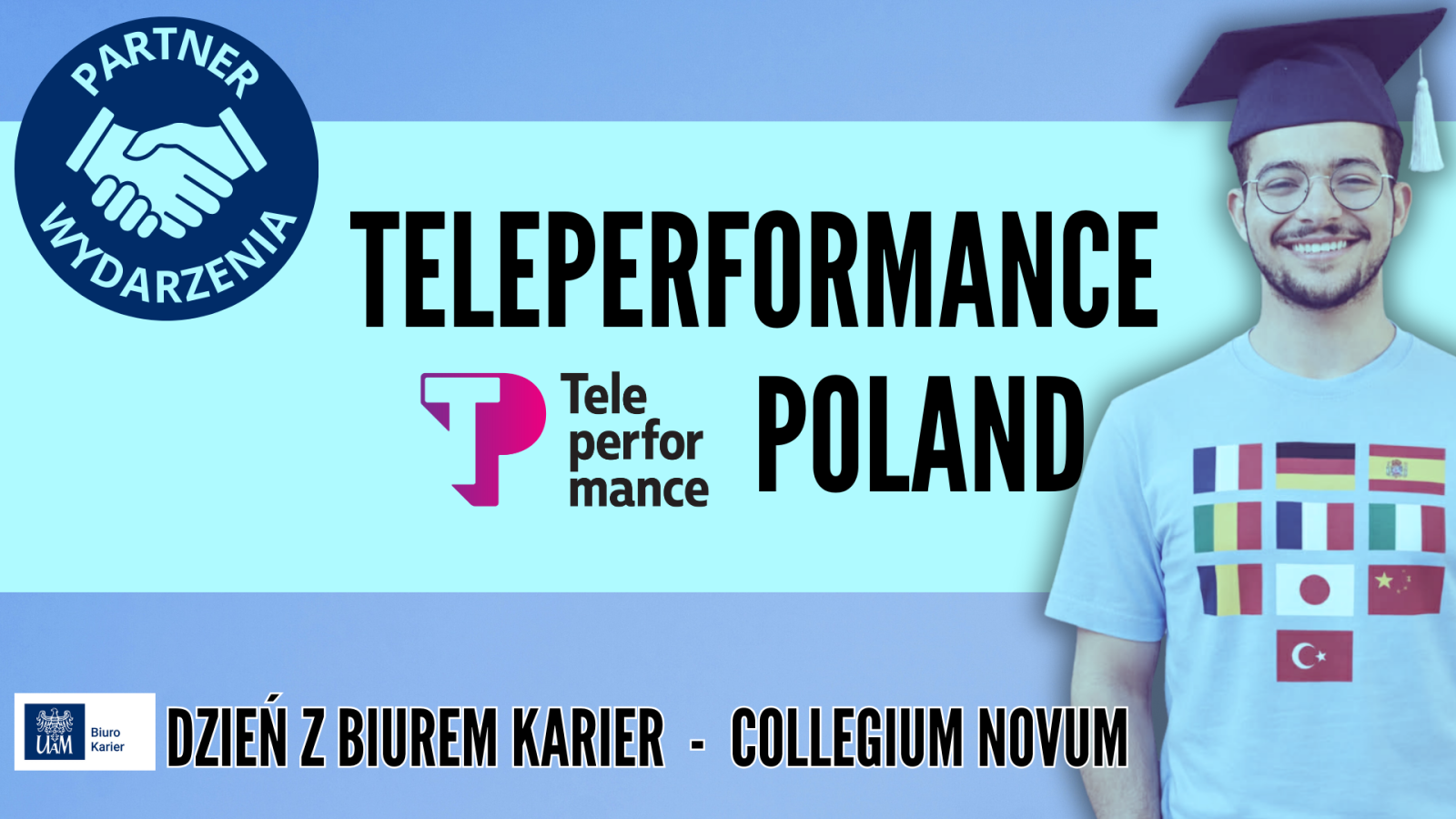 Grafika z logo Teleperformance Poland – partnera wydarzenia Dzień z Biurem Karier UAM; po prawej sylwetka absolwenta w birecie.
