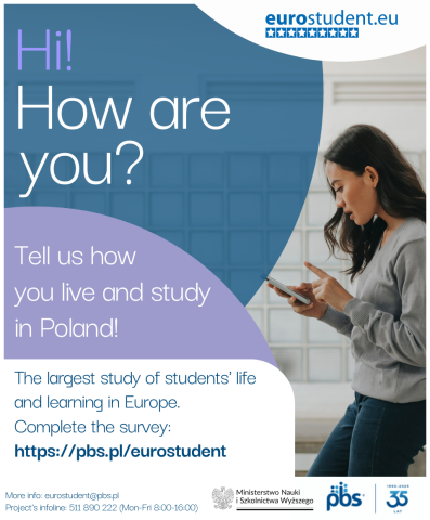 Promotional graphic for the Eurostudent survey in Poland. A young woman looks at her phone on the right, while on the left, text invites students to share how they live and study in Poland. Includes a survey link (https://pbs.pl/eurostudent) and contact info for more details.