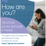 Promotional graphic for the Eurostudent survey in Poland. A young woman looks at her phone on the right, while on the left, text invites students to share how they live and study in Poland. Includes a survey link (https://pbs.pl/eurostudent) and contact info for more details.
