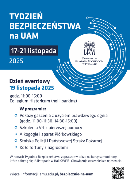 Plakat „Tydzień Bezpieczeństwa na UAM”, odbywający się 17–21 listopada 2025.