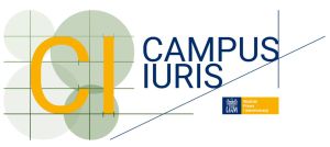 Campus Iuris graphic banner with large CI letters, geometric shapes, and Faculty of Law and Administration UAM logo representing a university legal education program