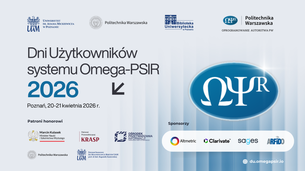 Grafika promująca „Dni Użytkowników systemu Omega-PSIR 2026” w Poznaniu, 20–21 kwietnia 2026, z dużym logo Omega-PSIR oraz logotypami patronów i sponsorów.