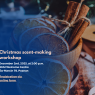Promotional graphic for a Christmas scent-making workshop on December 2nd, 2025 at the AMU Welcome Centre in Poznań. The image features dried orange slices, cinnamon sticks, and festive holiday decorations arranged in a wooden bowl, evoking winter and Christmas aromas. Includes event details.