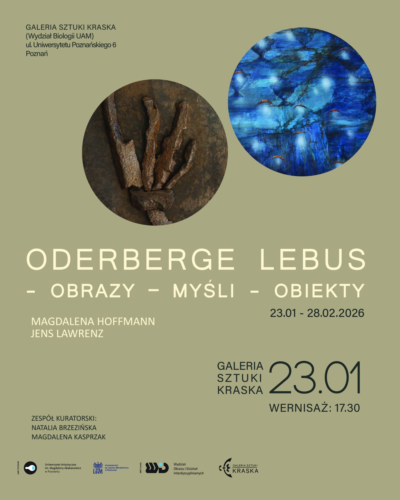 Plakat wystawy »Oderberge Lebus – obrazy, myśli, obiekty« autorstwa Magdaleny Hoffmann i Jensa Lawrenza w Galerii Sztuki Kraska UAM; wernisaż 23 stycznia 2026 o godz. 17:30, wystawa czynna do 28 lutego 2026.