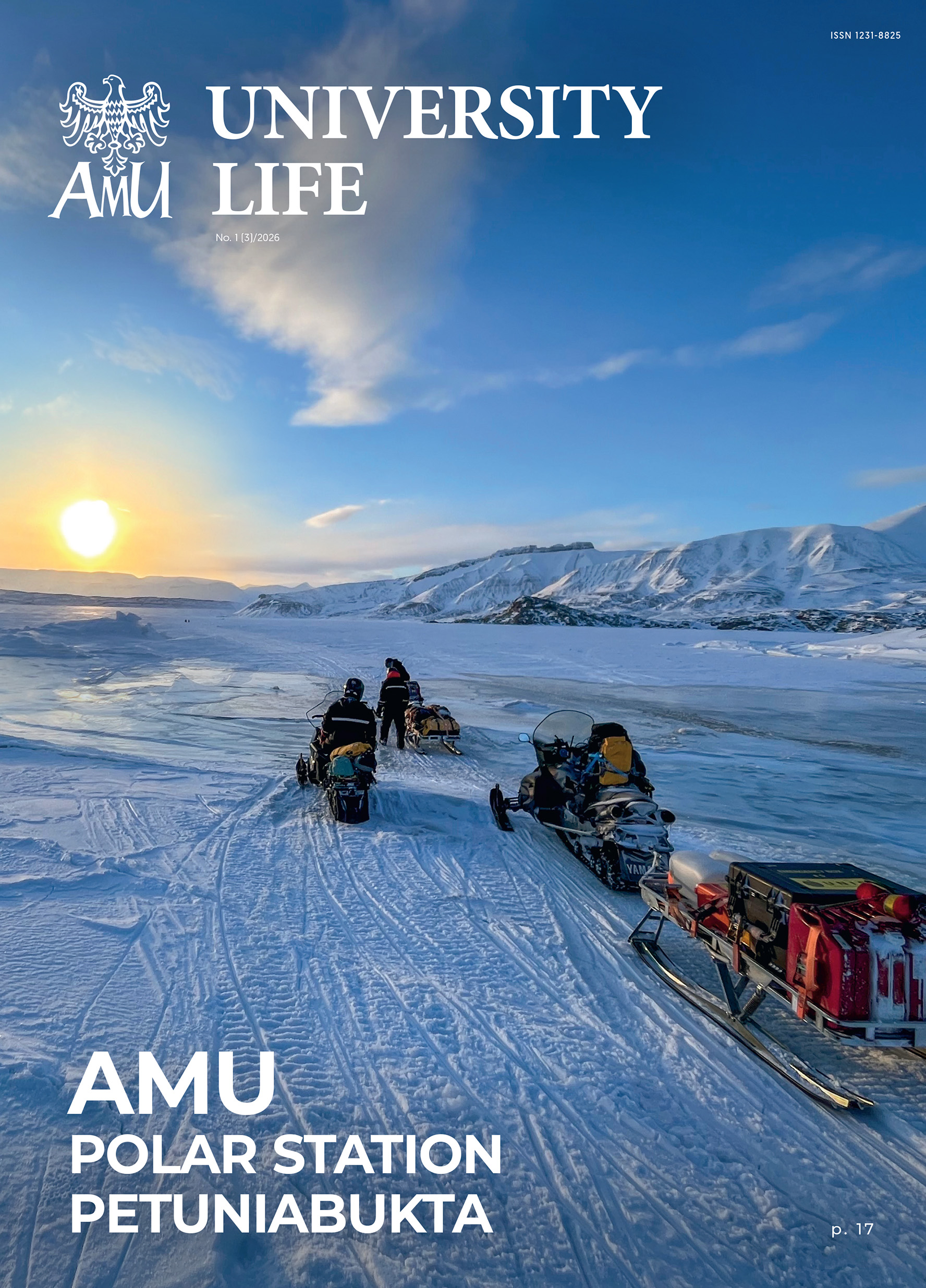 University Life magazine cover featuring AMU Polar Station Petuniabukta, with snowmobiles traveling across a frozen Arctic landscape at sunrise.