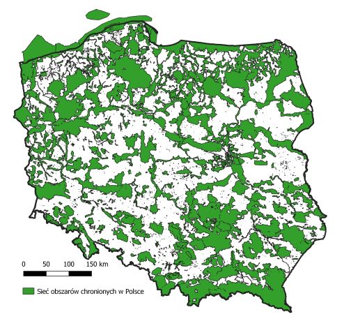 Mapa przedstawiająca sieć obszarów chronionych w Polsce