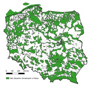 Mapa przedstawiająca sieć obszarów chronionych w Polsce