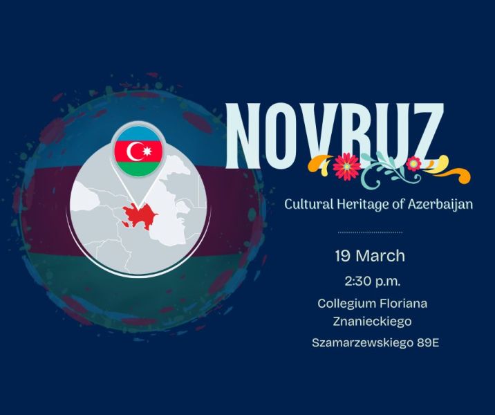 A promotional poster for Novruz, celebrating the Cultural Heritage of Azerbaijan. The event is on March 19 at 2:30 p.m. at Collegium Floriana Znanieckiego, Szamarzewskiego 89E. The design features the Azerbaijani flag, a map highlight of Azerbaijan, and decorative floral elements.