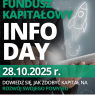 Plakat wydarzenia „Fundusz Kapitałowy Info Day”, organizowanego przez Poznański Park Naukowo-Technologiczny 28 października 2025 r. Wydarzenie poświęcone jest pozyskiwaniu kapitału na rozwój innowacyjnych pomysłów. W tle widoczna sylwetka osoby z tabletem i rysunek startującej rakiety