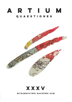 Okładka czasopisma Artium Quaestiones tom XXXV, przedstawiająca trzy podłużne, abstrakcyjne kształty przypominające pióra, pokryte fragmentami kolorowych map; u góry tytuł pisma, na dole oznaczenie tomu i informacja o Wydawnictwie Naukowym UAM.