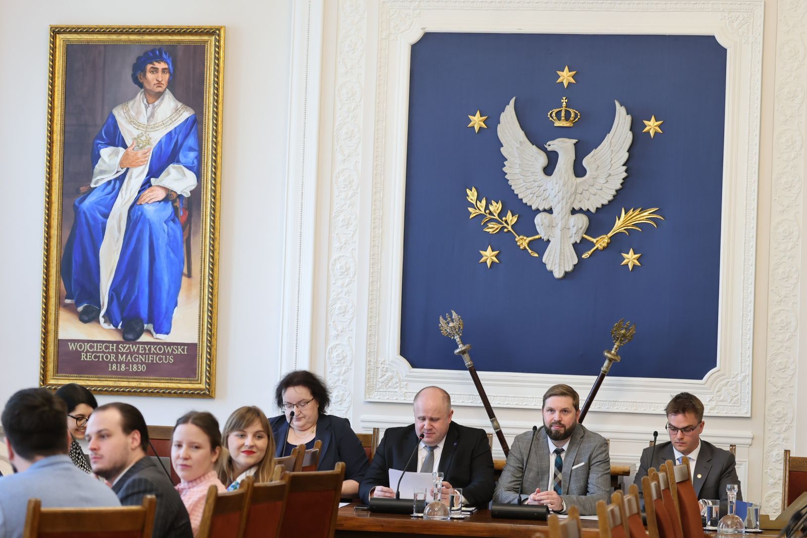 Signing ceremony for a cooperation agreement on the development of doctoral schools between AMU, UW and UJ. The event took place in the Golden Hall on the main UW campus. 