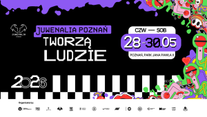 Colorful poster for Juwenalia Poznań 2026, a student festival held from 28–30 May in Park Jana Pawła II in Poznań. The design features a black background with bold white and purple pixel-style text reading “Juwenalia Poznań tworzą ludzie” (“Juwenalia Poznań is created by people”). Decorative graphics of hearts, cherries, skulls, lips, and abstract shapes frame the poster in bright neon colors. Organizer logos are displayed along the bottom edge above a black-and-white checkerboard pattern.