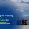 Event poster for Speed Friending on March 18, 2025, at 3 p.m., hosted at AMU Welcome Centre, Św. Marcin 78, Poznań. The image shows a group sitting on a wooden deck by a lake, raising their hands. Registration is open via an online form until March 17. The design features a blue overlay with green and white text.