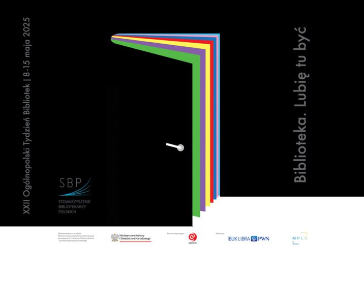Grafika promocyjna XXII Ogólnopolskiego Tygodnia Bibliotek. Na grafice uchylone drzwi przypominające książkę.