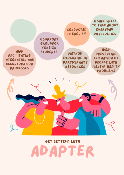 “Colorful illustrated poster promoting ‘Adapter,’ a support group for foreign students. Various pastel bubbles highlight key points: conducted in English, a safe space to talk about everyday difficulties, facilitating integration and acculturation, exploring participants’ resources, and preventing alienation of people with mental health problems. Below, three stylized cartoon figures smile and hug each other, surrounded by decorative lines. Text at the bottom reads: ‘Get settled with Adapter.’”