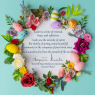 A pastel Easter greeting card with a circular wreath of colorful flowers and decorated eggs surrounding a message about renewal, hope, and spring, signed by the Rector of Adam Mickiewicz University, Poznań.