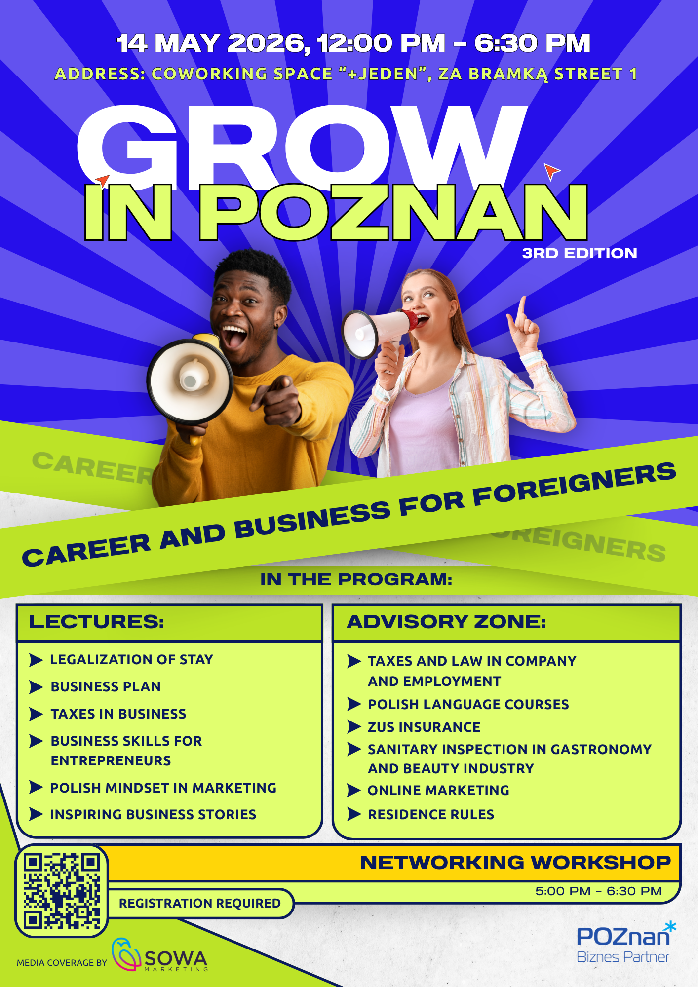 Colorful promotional poster for “Grow in Poznan – 3rd Edition,” a career and business event for foreigners. The design features two young people holding megaphones against a bright, radial blue background. Event details: 14 May 2026, 12:00 PM–6:30 PM, at coworking space “+Jeden,” Za Bramką Street 1 in Poznań. The program includes lectures on legalization of stay, business planning, taxes, entrepreneurship skills, and marketing, as well as an advisory zone covering law, insurance, language courses, and online marketing. A networking workshop is scheduled from 5:00 PM to 6:30 PM. Registration is required via QR code.