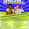 Colorful promotional poster for “Grow in Poznan – 3rd Edition,” a career and business event for foreigners. The design features two young people holding megaphones against a bright, radial blue background. Event details: 14 May 2026, 12:00 PM–6:30 PM, at coworking space “+Jeden,” Za Bramką Street 1 in Poznań. The program includes lectures on legalization of stay, business planning, taxes, entrepreneurship skills, and marketing, as well as an advisory zone covering law, insurance, language courses, and online marketing. A networking workshop is scheduled from 5:00 PM to 6:30 PM. Registration is required via QR code.