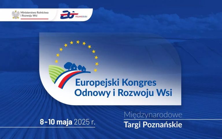 Banner for the European Congress on Rural Renewal and Development (Europejski Kongres Odnowy i Rozwoju Wsi), held May 8–10, 2025, at the Poznań International Fair. Includes logos of the Ministry of Agriculture and Poland25.eu, with a graphic of farmland, houses, and EU stars on a blue background.