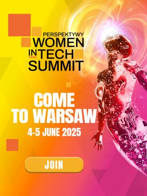 Plakat wydarzenia Perspektywy Women in Tech Summit. Tło w energetycznych odcieniach żółci, pomarańczu i różu. Po lewej stronie napis: „Come to Warsaw, 4–5 June 2025”. U góry logo wydarzenia. Po prawej stronie postać kobiety w futurystycznym, cyfrowym stylu, unosząca się w świetlnej aurze. Na dole żółty przycisk z napisem „Join”.