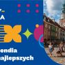 Grafika promocyjna - Stypendia dla najlepszych. W prawej części zdjęcie przedstawiające grupę młodych osób idących przez Stary Rynek w Poznaniu, na tle Ratusza.