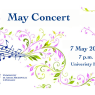 Event poster for the 2026 May Concert at Adam Mickiewicz University in Poznań. The graphic features a blue treble clef with musical notes and floral ornaments in purple and green. Text details: May 7, 2026, at 7:00 PM in the University Hall.