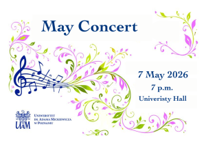 Event poster for the 2026 May Concert at Adam Mickiewicz University in Poznań. The graphic features a blue treble clef with musical notes and floral ornaments in purple and green. Text details: May 7, 2026, at 7:00 PM in the University Hall.