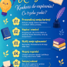 Kolorowa grafika informacyjna zachęca do udziału w konkursie pisarskim Biura Karier UAM, pokazując pięć kroków zgłoszenia oraz kod QR, wśród ilustracji książek, maszyny do pisania, pióra i żarówki.