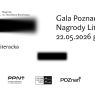 Minimalistyczna grafika zapowiada Galę Poznańskiej Nagrody Literackiej 22 maja 2026 o godz. 19, z nazwami nagród im. Adama Mickiewicza i im. Stanisława Barańczaka oraz logotypami organizatorów na jasnym tle.