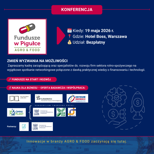 Granatowy plakat konferencji „Fundusze w Pigułce Agro & Food” informuje o wydarzeniu 19 maja 2026 w warszawskim Hotelu Boss; zawiera logo konferencji, programowe hasła oraz logotypy partnerów i organizatorów.