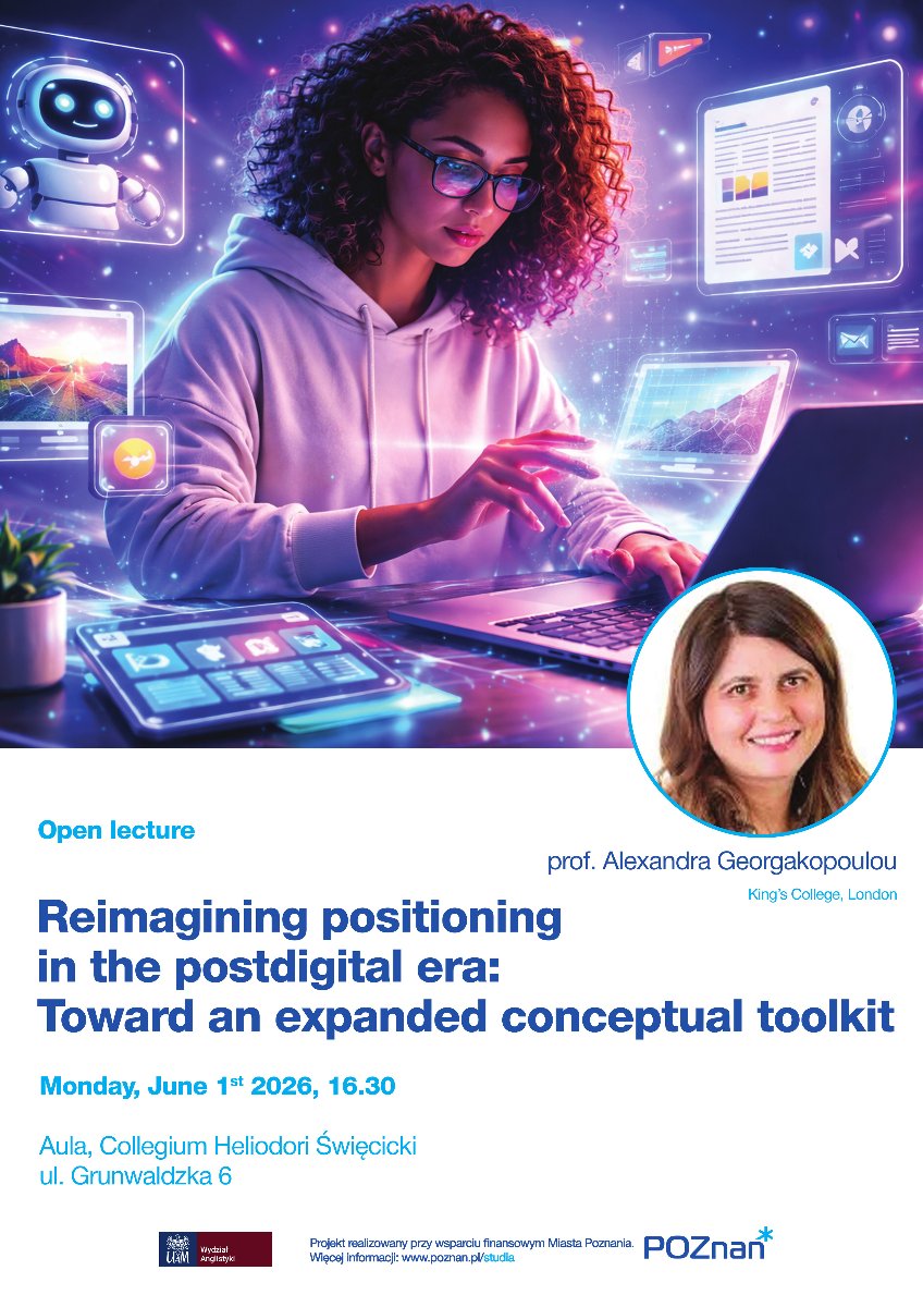 Poster promoting the open lecture “Reimagining positioning in the postdigital era”