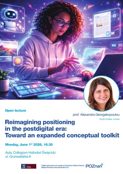 Poster promoting the open lecture “Reimagining positioning in the postdigital era”