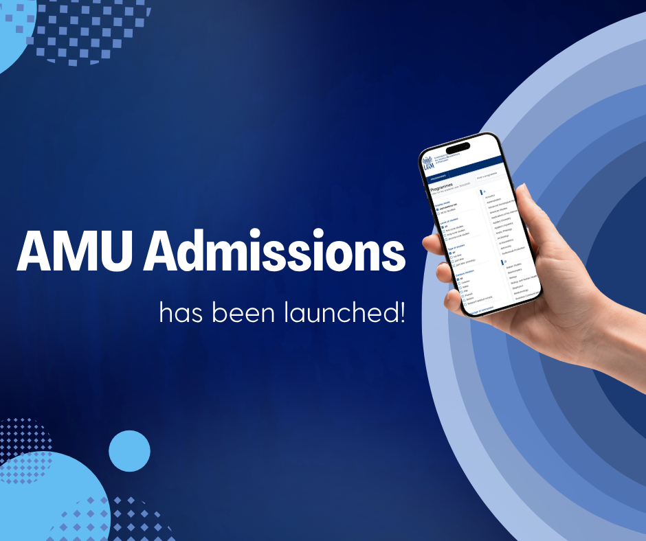 Promotional graphic announcing that “AMU Admissions has been launched!” The design features a dark blue gradient background with abstract circular and dotted geometric elements in light blue shades. On the right side, a hand holds a smartphone displaying the AMU admissions website interface. Large white text on the left reads “AMU Admissions,” with smaller text underneath saying “has been launched!” The overall style is modern, minimal, and technology-focused.
