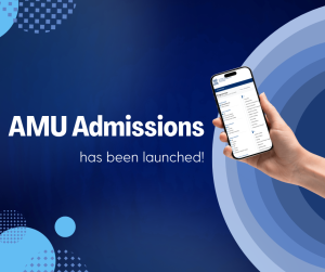 Promotional graphic announcing that “AMU Admissions has been launched!” The design features a dark blue gradient background with abstract circular and dotted geometric elements in light blue shades. On the right side, a hand holds a smartphone displaying the AMU admissions website interface. Large white text on the left reads “AMU Admissions,” with smaller text underneath saying “has been launched!” The overall style is modern, minimal, and technology-focused.
