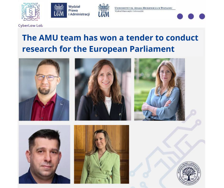 Announcement graphic showing portraits of the AMU CyberLaw Lab team with university logos and a message stating that the team has won a research tender for the European Parliament.
