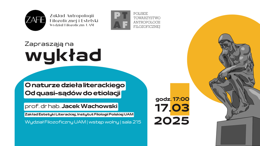 Grafika promująca wykład. W lewej części znajduje się ilustracja przedstawiająca rzeźbę Myśliciel Auguste'a Rodina