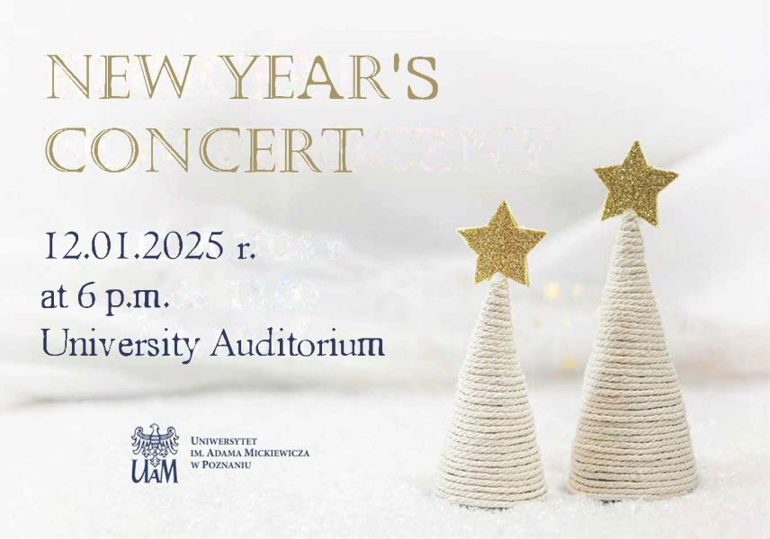   Information graphic about the New Year's concert. At the top there is a large gold inscription ‘New Year's Concert’. Below in blue is the date, time and venue of the concert: 12 January, 2025, 6 p.m., university auditorium. In the bottom left corner is a logotype of the AMU, and to the right are two white Christmas trees with stars. 