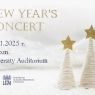   Information graphic about the New Year's concert. At the top there is a large gold inscription ‘New Year's Concert’. Below in blue is the date, time and venue of the concert: 12 January, 2025, 6 p.m., university auditorium. In the bottom left corner is a logotype of the AMU, and to the right are two white Christmas trees with stars. 