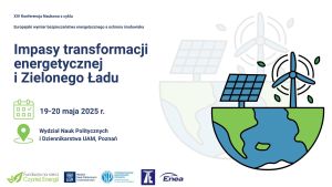 Grafika promocyjna konferencji. W prawej części obrazek: półkula ziemska, a na niej panel fotowoltaiczny i turbina wiatrowa.