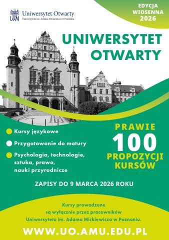 Plakat Uniwersytetu Otwartego UAM – edycja wiosenna 2026, informacja o prawie 100 kursach i terminie zapisów.