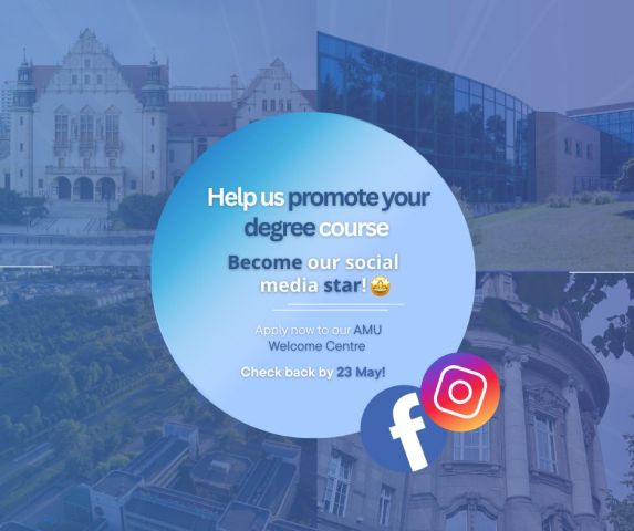 Promotional graphic for AMU featuring a collage of university buildings in the background. A blue circle in the center contains the text: 